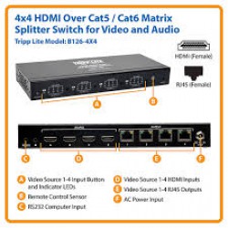 B126-4X4 4 x 4 HDMI over Cat5/Cat6 Matrix Splitter Switch, Box-Style Transmitter, Video and Audio, 1080p @ 60 Hz, Up to 175-ft., TAA