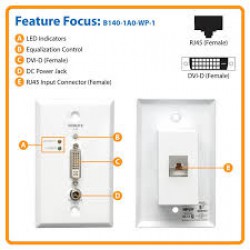 B140-1A0-WP-1 DVI over Cat5/6 Extender, Extended-Range Video Wallplate Receiver, 1920 x 1080 @ 60 Hz, Up to 200 Ft, RJ45 Keystone Jack