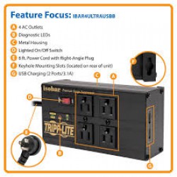 IBAR4ULTRAUSBB Isobar 4-Outlet Surge Protector - 8 ft. Cord, Right-Angle Plug, 3330 Joules, 2 USB Ports, Metal Housing