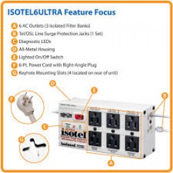 ISOTEL6ULTRA Isobar 6-Outlet Surge Protector, 6 ft. Cord with Right-Angle Plug, 3300 Joules, Diagnostic LEDs, Tel/Fax/Modem, Metal