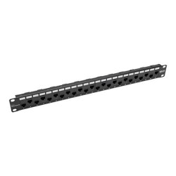 N254-024-OF 24-Port 1U Rack-Mount Cat5e/6 Offset Feed-Through Patch Panel with Cable Management Bar, RJ45 Ethernet, TAA