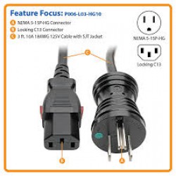 P006-L03-HG10 Hospital-Grade Power Cord, NEMA 5-15P to Locking IEC C13 - Green Dot, 10A, 125V, 18 AWG, 3 ft., Black