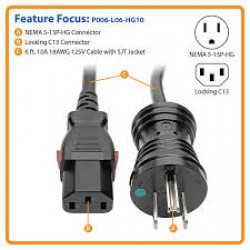P006-L06-HG10 Hospital-Grade Power Cord, NEMA 5-15P to Locking IEC C13 - Green Dot, 10A, 125V, 18 AWG, 6 ft., Black
