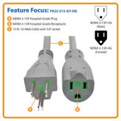 P022-015-GY-HG Hospital-Grade Extension Cord, NEMA 5-15P to NEMA 5-15R - Green Dot, 13A, 125V, 16 AWG, 15 ft., Gray