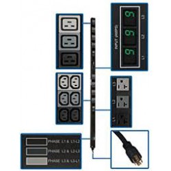 PDU3MV6L2120 5.7kW 3-Phase Metered PDU, 208/120V Outlets (36 C13, 6 C19, 6 5-15/20R), L21-20P, 6ft Cord, 0U Vertical, TAA