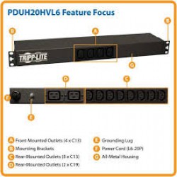 PDUH20HVL6 3.3/3.8kW Single-Phase 208/240V Basic PDU, 14 Outlets (12 C13 & 2 C19), NEMA L6-20P Input, 15 ft. Cord, 1U Rack-Mount