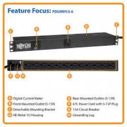 PDUMH15-6 1.4kW Single-Phase Metered PDU, 120V Outlets (13 5-15R), 5-15P, 100-127V input, 6ft Cord, 1U Rack-Mount