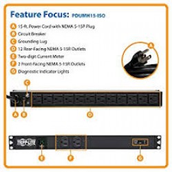 PDUMH15-ISO 1.44kW Single-Phase Metered PDU + Isobar Surge Suppression, 3840 Joules, 120V Outlets (14 5-15R), 5-15P, 15ft Cord, 1U Rack-Mount