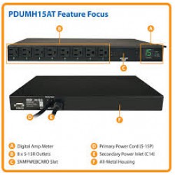 PDUMH15AT 1.4kW Single-Phase ATS / Metered PDU, 120V (8 5-15R), 2 5-15P, 100-127V Input, 2 12ft Cords, 1U Rack-Mount, TAA