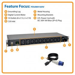 PDUMH16HV 3.8kW Single-Phase Metered PDU, 200/220/230/240V Outlets (8 C13, 2 C19) IEC-309 16A Blue, 8ft Cord, 1U Rack-Mount, TAA