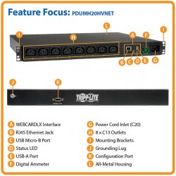 PDUMH20HVNET 3.3-3.8kW Single-Phase Switched PDU, LX Platform Interface, 208/220/230/240V Outlets (8 C13), C20 / L6-20P input, 8ft Cord, 1U Rack-Mount, TAA