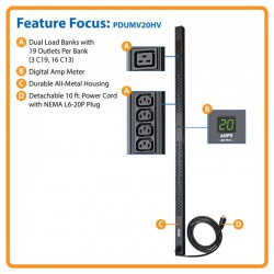 PDUMV20HV 3.2-3.8kW Single-Phase Metered PDU, 200-240V Outlets (6-C19 & 32-C13 ) C20/L6-20P Cable 10ft Cord, 0U Vertical