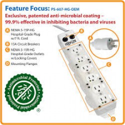 PS-607-HG-OEM For Patient-Care Vicinity - UL 1363A Medical-Grade Power Strip, 6 15A Hospital-Grade Outlets, Safety Covers, 7 ft. Cord