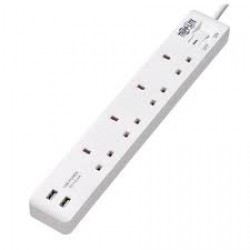 PS4B18USBW 4-Outlet Power Strip with USB-A Charging - BS1363A Outlets, 220-250V, 13A, 1.8 m Cord, BS1363A Plug, White