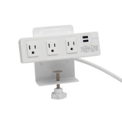 TLP310USBCW 3-Outlet Surge Protector with 2 USB Ports, 10 ft. Cord – 510 Joules, Desk Clamp, White Housing