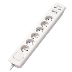 TLP6F18USB 6-Outlet Surge Protector with USB Charging - French Type E Outlets, 220-250V, 16A, 1.8 m Cord, Type E Plug, White