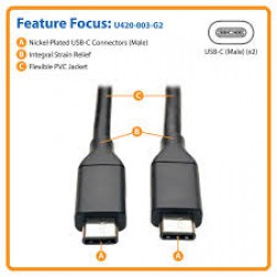 U420-003-G2-FL USB-C Flat Cable (M/M) - USB 3.1 Gen 2 (10 Gbps), Thunderbolt 3 Compatible, Black, 3 ft. (0.9 m)