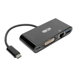 U444-06N-DGUB-C USB-C to DVI Adapter with USB-A Hub, Gigabit Ethernet, Thunderbolt 3, 1080p - PD Charging, Black