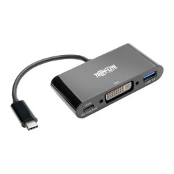 U444-06N-DUB-C USB-C to DVI Adapter with USB-A Hub, Thunderbolt 3—1080p, PD Charging, Black, 6 in.