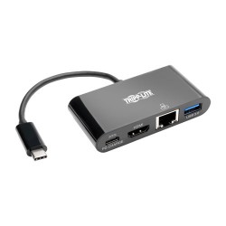 U444-06N-H4GUBC USB-C to HDMI Adapter with USB-A Hub, Gigabit Ethernet, Thunderbolt 3, 4K - PD Charging, 30 Hz, Black