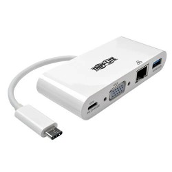U444-06N-VGU-C USB 3.1 Gen 1 USB-C to VGA Adapter with USB-A, USB-C PD Charging & Gigabit Ethernet, Thunderbolt 3 Compatible, 1080p, White