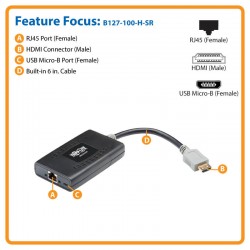 B127-100-H-SR HDMI over Cat6 Passive Remote Receiver with PoC - 4K x 2K @ 60 Hz, 4:4:4, 50 ft. (15.2 m), TAA