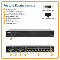 B132-008A-2 8-Port VGA + Audio over Cat5/Cat6 Extender/Splitter, Box-Style Transmitter with EDID, 1920 x 1440 @ 60 