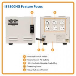 IS1800HG Isolator Series 120V 1800W UL 60601-1 Medical-Grade Isolation Transformer with 6 Hospital-Grade Outlets