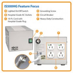 IS500HG Isolator Series 120V 500W UL 60601-1 Medical-Grade Isolation Transformer with 4 Hospital-Grade Outlets