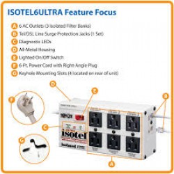 ISOTEL6ULTRA Isobar 6-Outlet Surge Protector, 6 ft. Cord with Right-Angle Plug, 3300 Joules, Diagnostic LEDs, Tel/F