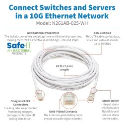 N261AB-025-WH - Cat6a 10G Certified Snagless Antibacterial UTP Ethernet Cable (RJ45 M/M), White, 25-ft. (7.62 m)