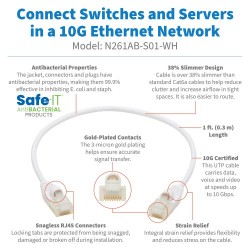 N261AB-S01-WH - Cat6a 10G-Certified Snagless Antibacterial Slim UTP Ethernet Cable (RJ45 M/M), White, 1 ft.