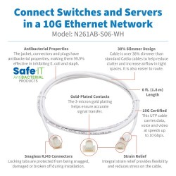 N261AB-S06-WH - Cat6a 10G-Certified Snagless Antibacterial Slim UTP Ethernet Cable (RJ45 M/M), White, 6 ft.