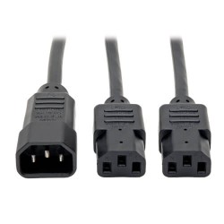 P004-006-2C13 C14 Male to C13 Female Splitter, PDU Style - C14 to 2x C13, 10A, 100â€“250V, 18 AWG, 6 ft., Blac