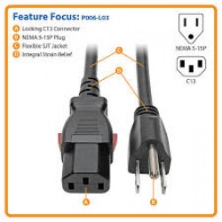 P006-L03 Computer Power Cord, NEMA 5-15P to Locking C13 - 10A, 125V, 18 AWG, 3 ft.