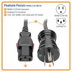 P006-L10-HG10 Hospital-Grade Power Cord, NEMA 5-15P to Locking IEC C13 - Green Dot, 10A, 125V, 18 AWG, 10 ft., Blac