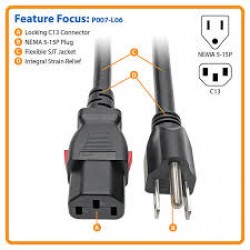 P007-L06 Computer Power Cord, NEMA 5-15P to Locking C13 - Heavy Duty, 15A, 125V, 14 AWG, 6 ft., Black