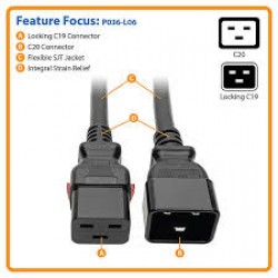 P036-L06 Power Extension Cord, Locking C19 to C20 - Heavy Duty, 20A, 100-250V, 12 AWG, 6 ft., Black