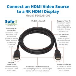 P569AB-006 - Safe-IT High-Speed HDMI Antibacterial Cable with Ethernet (M/M), UHD 4K 60 Hz, 4:4:4, Black, 6 ft. (1.