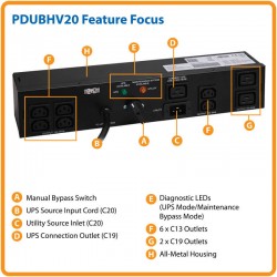 PDUBHV20 3.2-3.8kW Single-Phase Hot-Swap PDU, 200-240V 16A (6-C13, 2-C19) 2-C20, 200-240V Input, 6ft Cords 2U Rack-