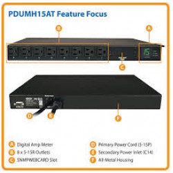 PDUMH15AT 1.4kW Single-Phase ATS / Metered PDU, 120V (8 5-15R), 2 5-15P, 100-127V Input, 2 12ft Cords, 1U Rack-Moun