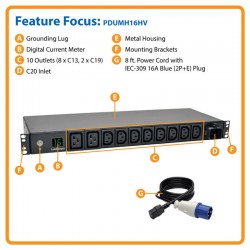 PDUMH16HV 3.8kW Single-Phase Metered PDU, 200/220/230/240V Outlets (8 C13, 2 C19) IEC-309 16A Blue, 8ft Cord, 1U Ra