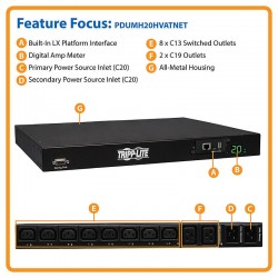 PDUMH20HVATNET 3.2-3.8kW Single-Phase ATS/Switched PDU, LX Platform Interface, 200-240V Outlets (8 C13 & 2 C19)