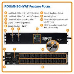 PDUMH30HVAT 5kW Single-Phase ATS/Metered PDU, 208/240V Outlets (16 C13, 2 C19 & 1 L6-30R) 2 L6-30P 10ft inputs,