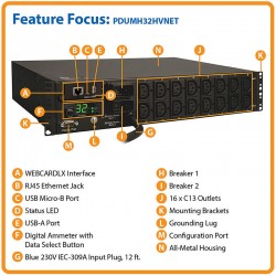PDUMH32HVNET 7.4kW Single-Phase Switched PDU, LX Platform Interface, 230V Outlets (16-C13), IEC-309 Blue 230V 32A, 