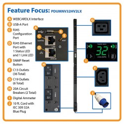 PDUMNV32HV2LX 7.4kW Single-Phase Monitored PDU, LX Interface, 230V Outlets (36 C13/6 C19), IEC 309 32A Blue, 10 ft.