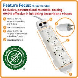 PS-607-HG-OEM For Patient-Care Vicinity - UL 1363A Medical-Grade Power Strip, 6 15A Hospital-Grade Outlets, Safety 