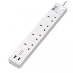 PS4B18USBW 4-Outlet Power Strip with USB-A Charging - BS1363A Outlets, 220-250V, 13A, 1.8 m Cord, BS1363A Plug, Whi