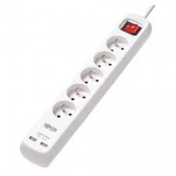 PS5F3USB 5-Outlet Power Strip with USB Charging - French Type E Outlets, 220-250V, 16A, 3 m Cord, Type E Plug, Whit