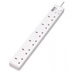 PS6B18 6-Outlet Power Strip - British BS1363A Outlets, 220-250V AC, 13A, 1.8 m Cord, BS1363A Plug, White